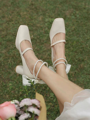 Square Toe Block Heels Mary Jane Pumps with Double Layered Pearls Chain