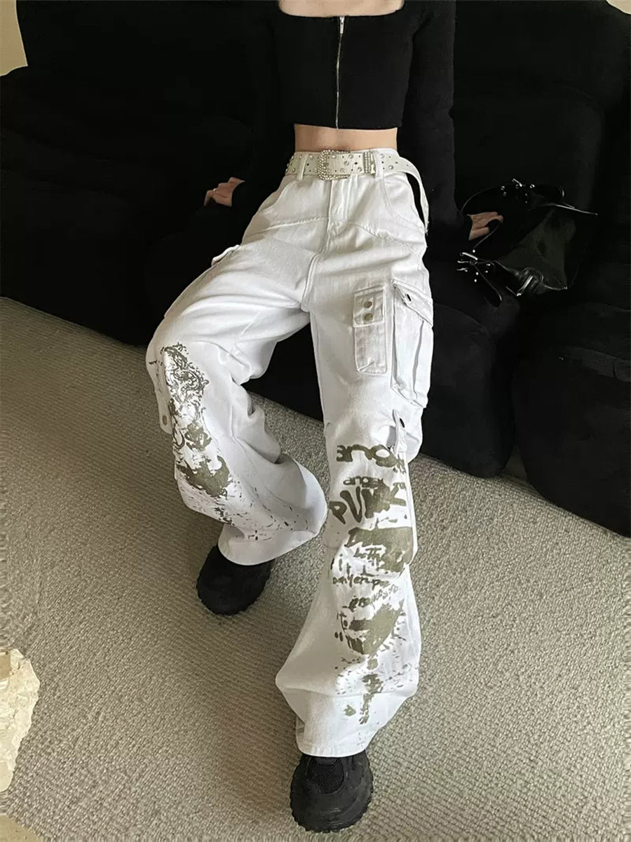 Casual Graffiti White Loose Jeans