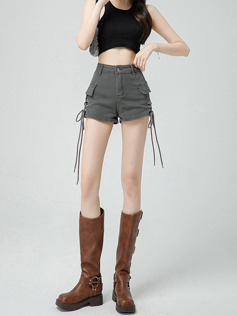 Solid Color Drawstring Fake Pocket Deco Denim Shorts