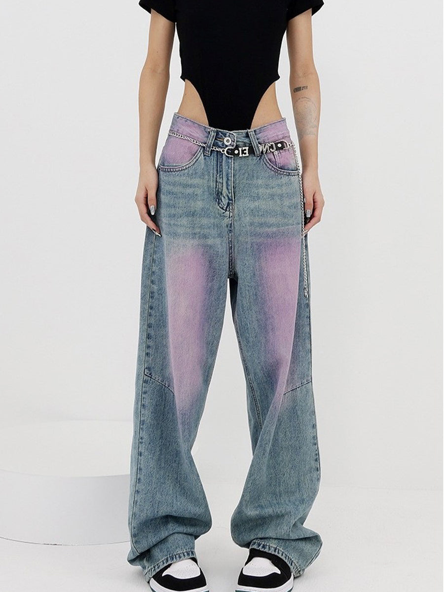 Y2K Plus Plus Loose Tie-Dye Blue Pink Color Clash High Waist Straight Long Jeans
