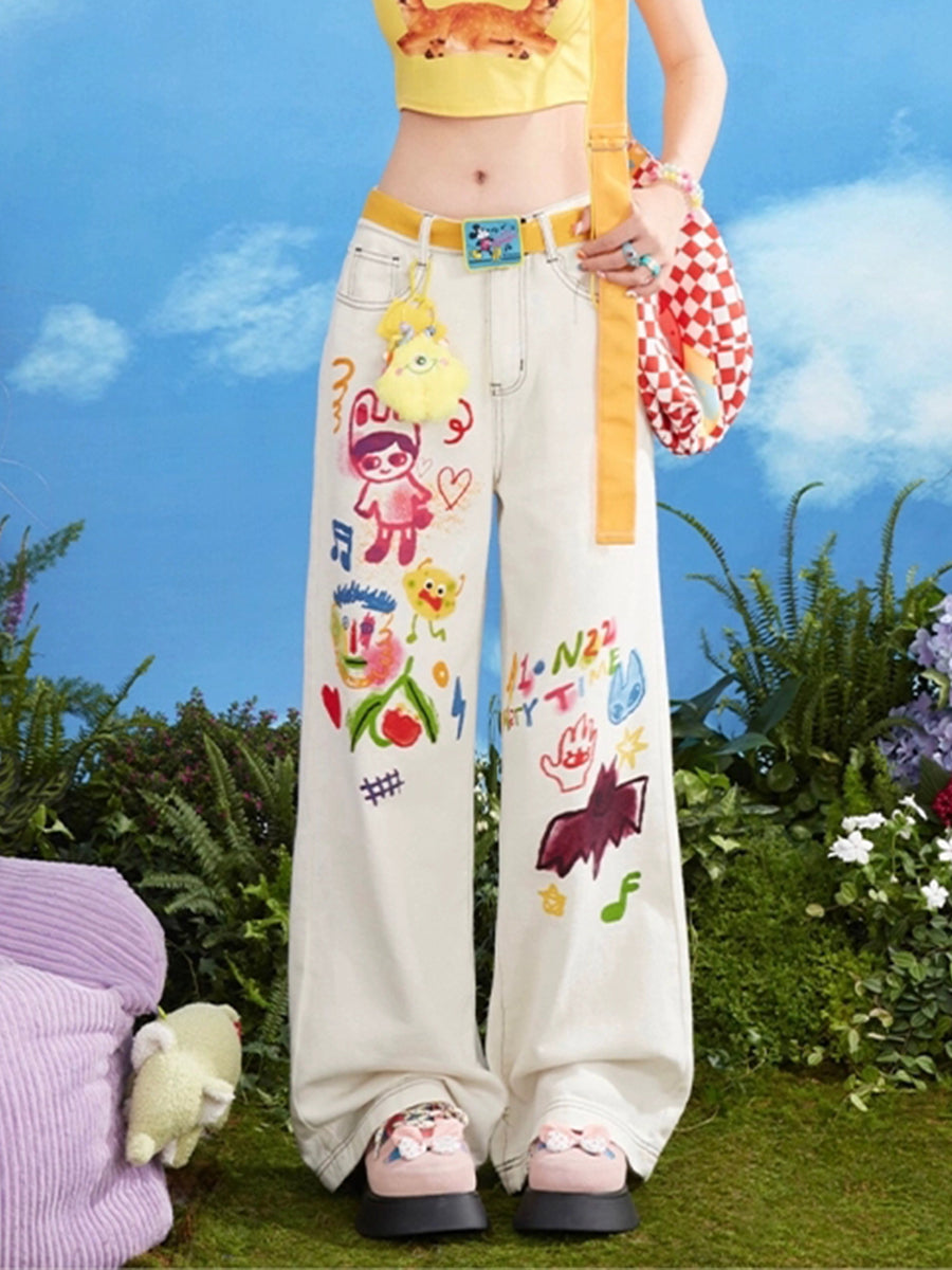 Cartoon Graffiti White Denim Jeans