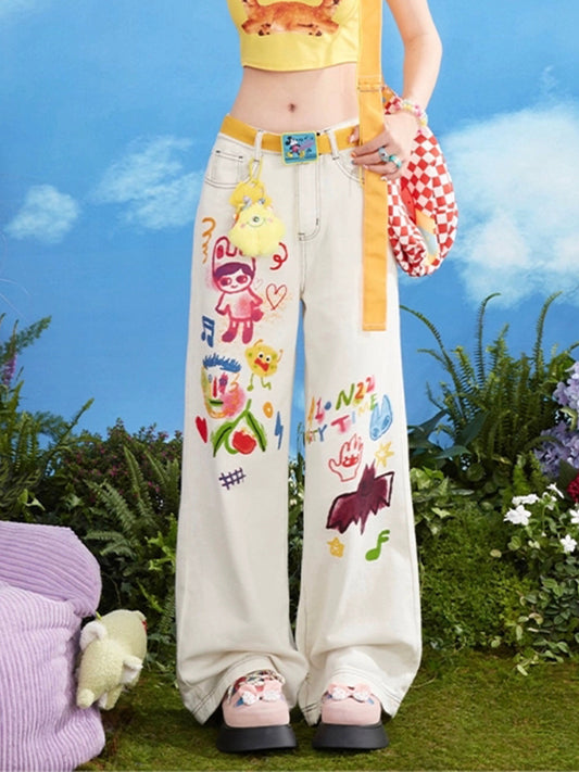 Cartoon Graffiti White Denim Jeans