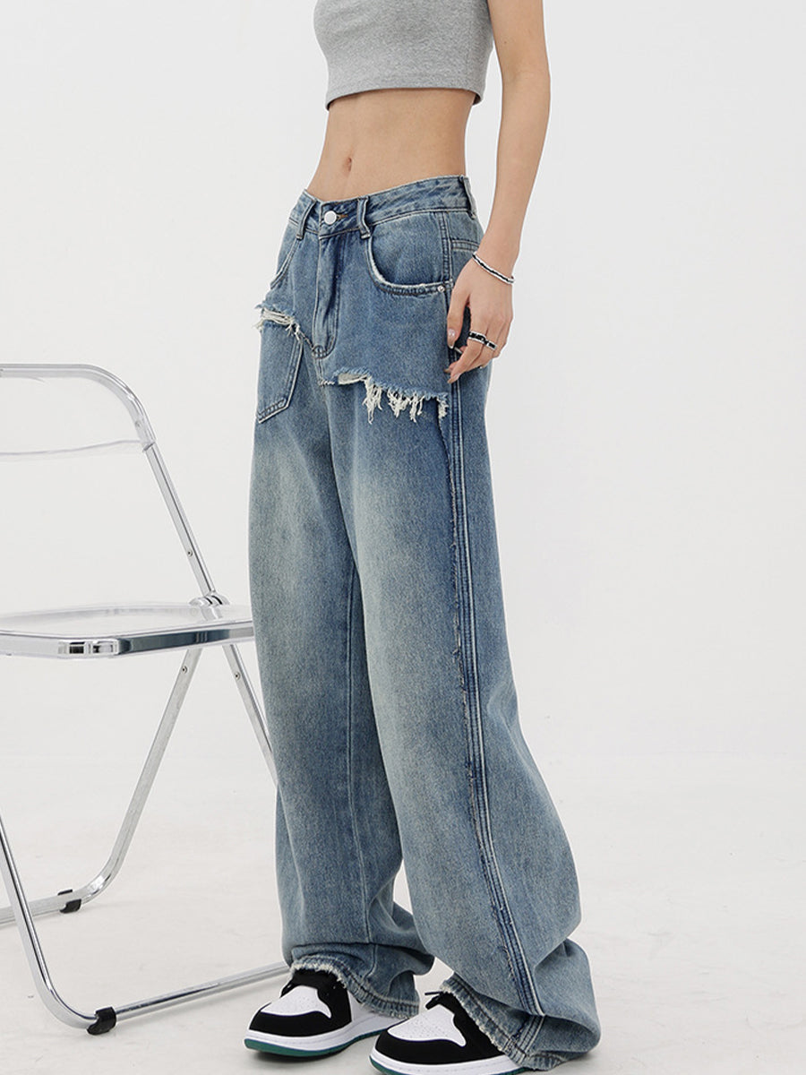 Vintage Design Loose Low Rise Straight Leg Blue Denim Jeans