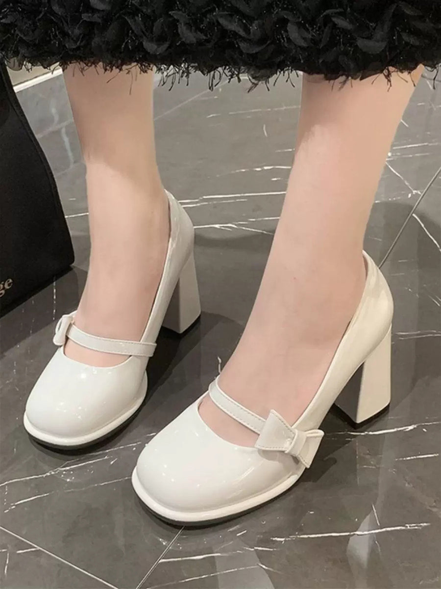 Bow Tie Decoration Chunky Heeled Ankle Strap Mary Jane Pumps Shoes