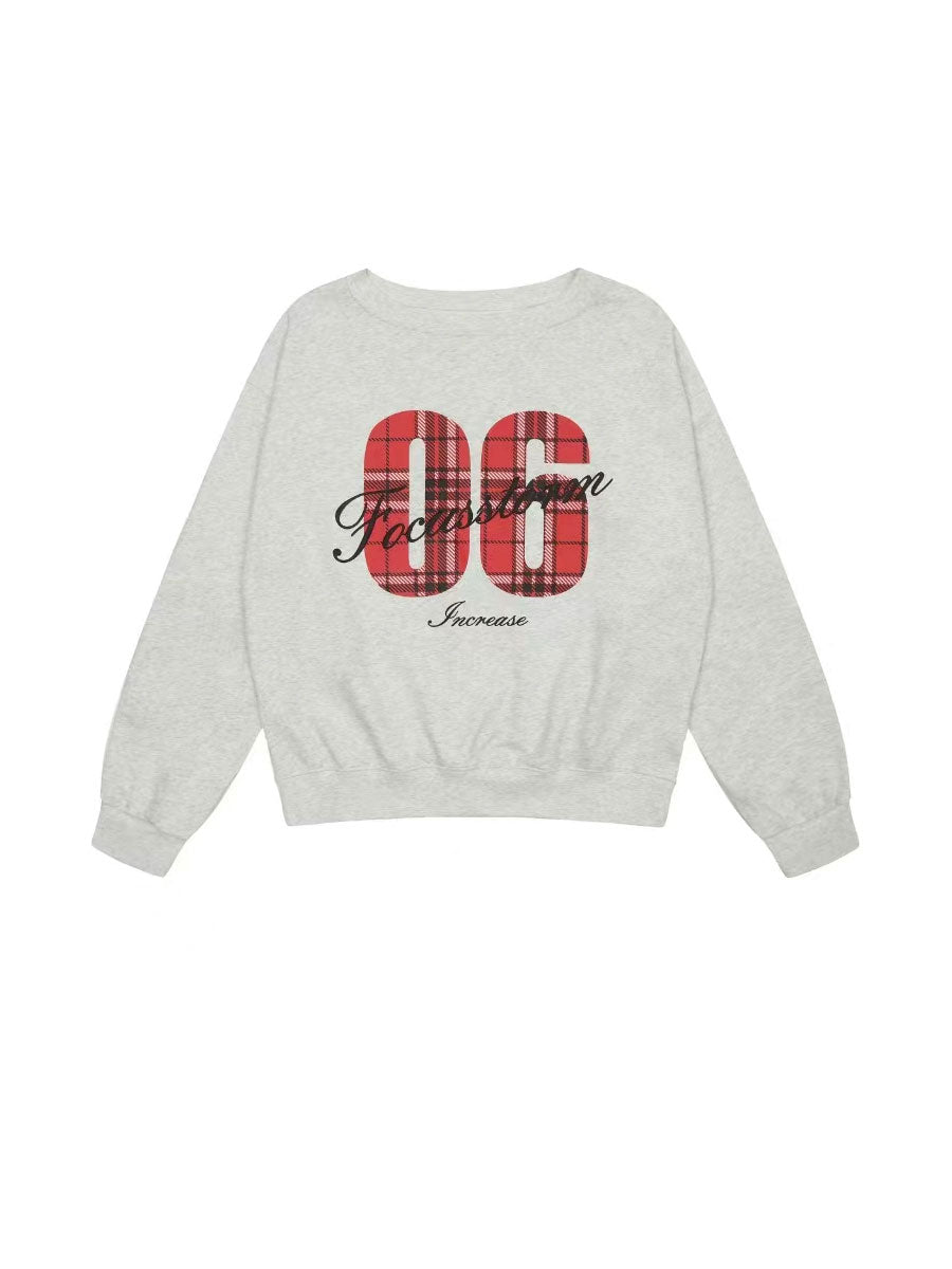 Vintage Slant Shoulder Large Neckline Sweatshirt Letter Loose Sporty Top
