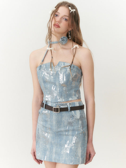 Sequined Denim Floral Halter Top + Skinny Skirt Set