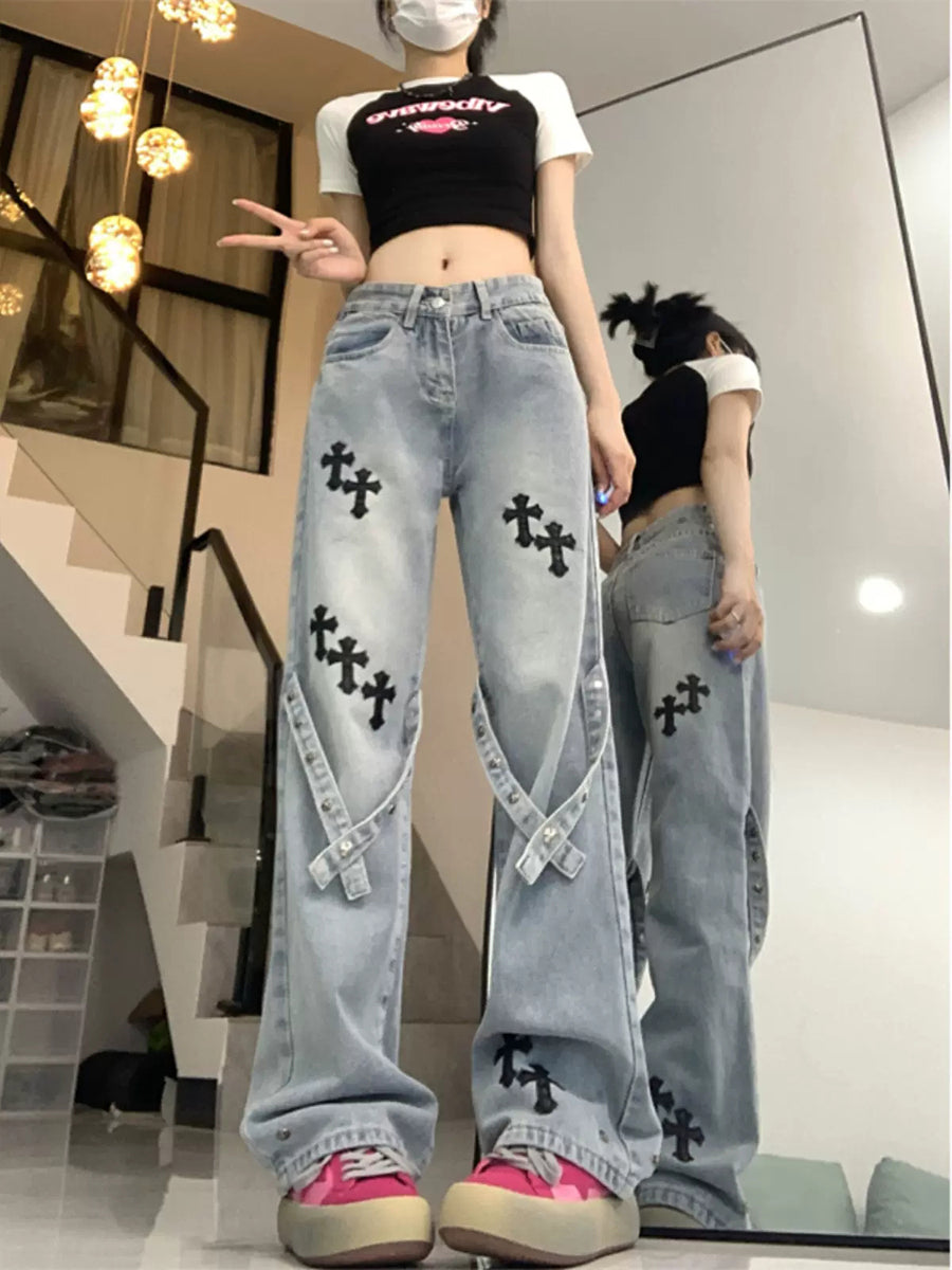 Y2K Black Cross Embroidered Blue Loose Fit Jeans
