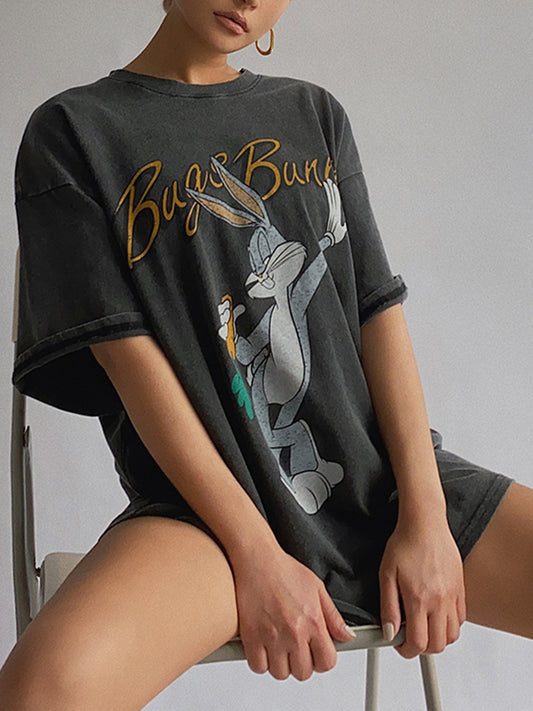 Bunny Print Oversize Short Sleeve Top
