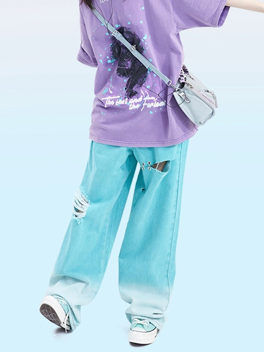 Solid Color Loose Fit Side Zipper Jeans