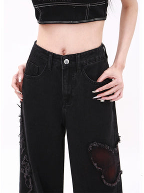 Butterfly Patchwork Loose Frayed Hem Jeans