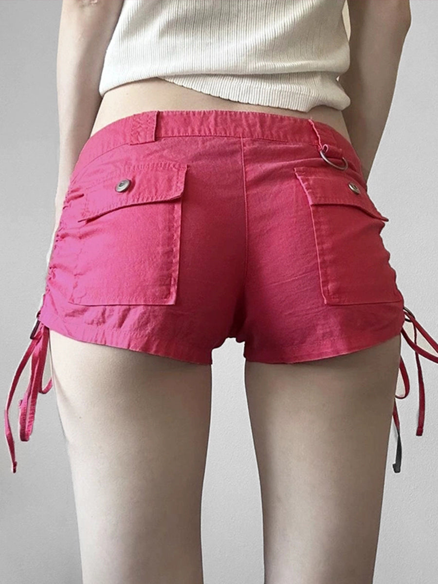Pink Low Waisted Drawstring Ruched Tie Side Skinny Shorts