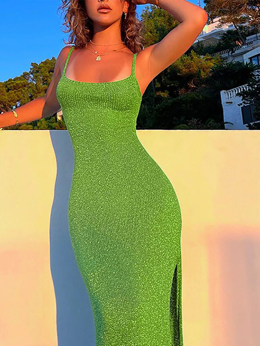 Solid Colored Knitted Hollow Out Long Bodycon Cami Dress