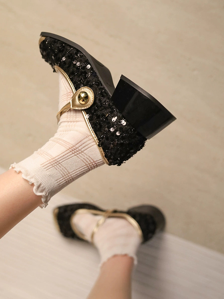 Square Toe Sequin Heeled Costume Shoes