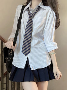 Classic Loose Striped Long Sleeve Shirt with Tie Belt