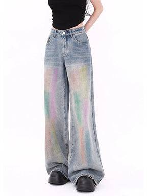 High-Waisted Rainbow Tie-Dye Loose Jeans