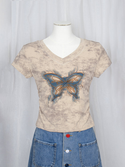 V-neck Denim Butterfly Embroidery Tie-Dye Short Sleeve Crop Top
