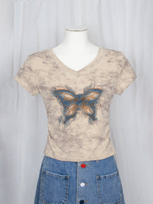 V-neck Denim Butterfly Embroidery Tie-Dye Short Sleeve Crop Top