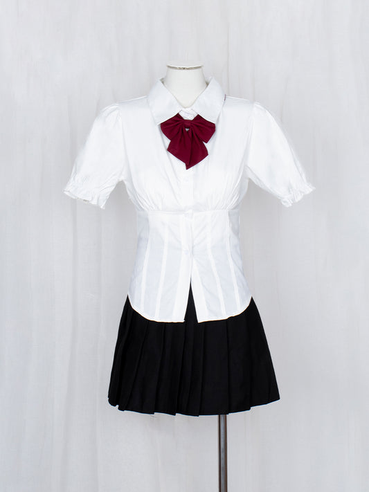 Button-Up Shirt Crop Top with Red Bow-tie