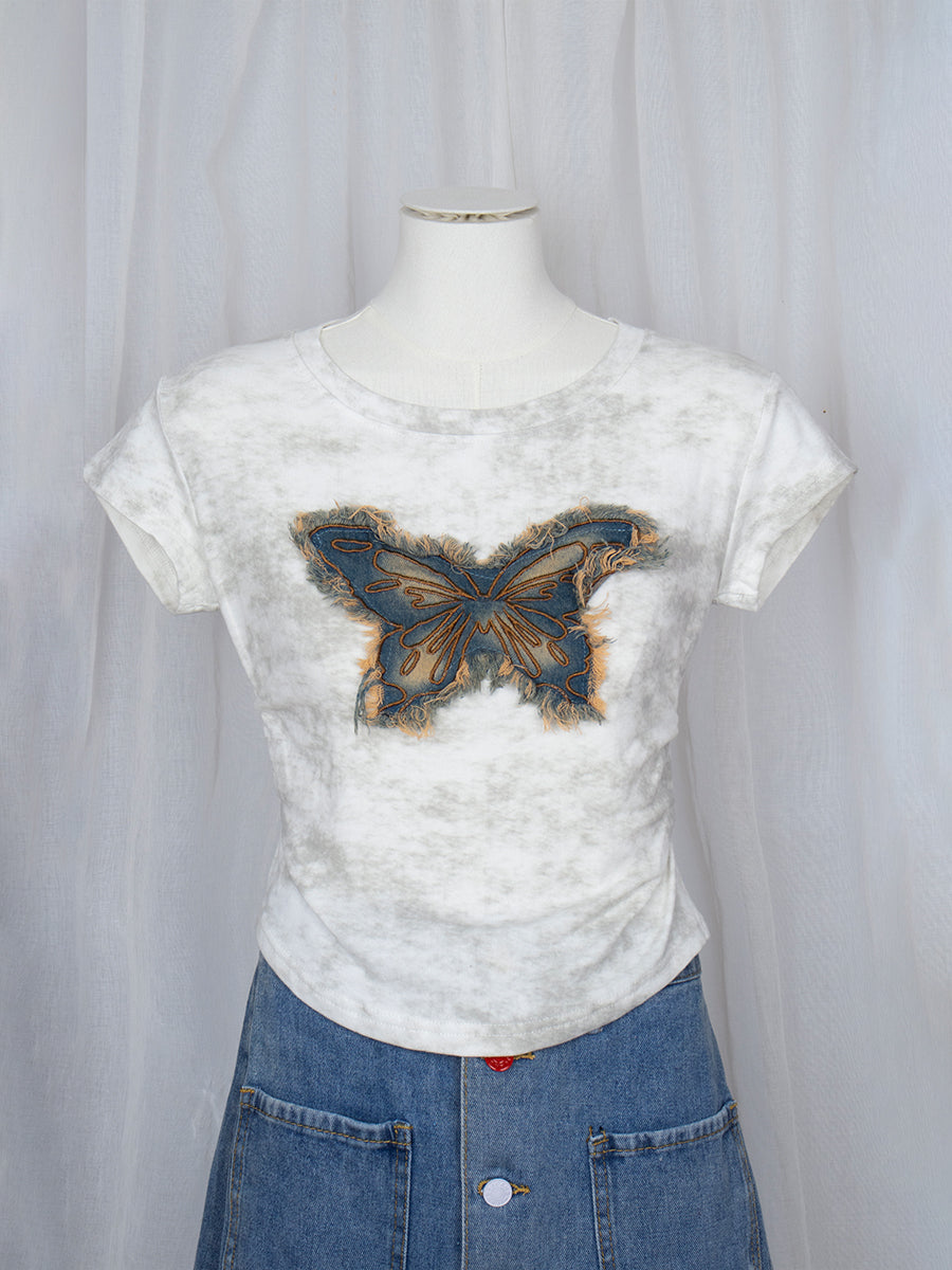 Round Neck Denim Butterfly Embroidery Tie-Dye Short Sleeve Crop Top