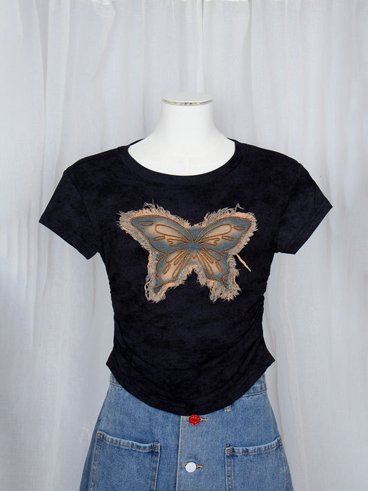 Round Neck Denim Butterfly Embroidery Tie-Dye Short Sleeve Crop Top