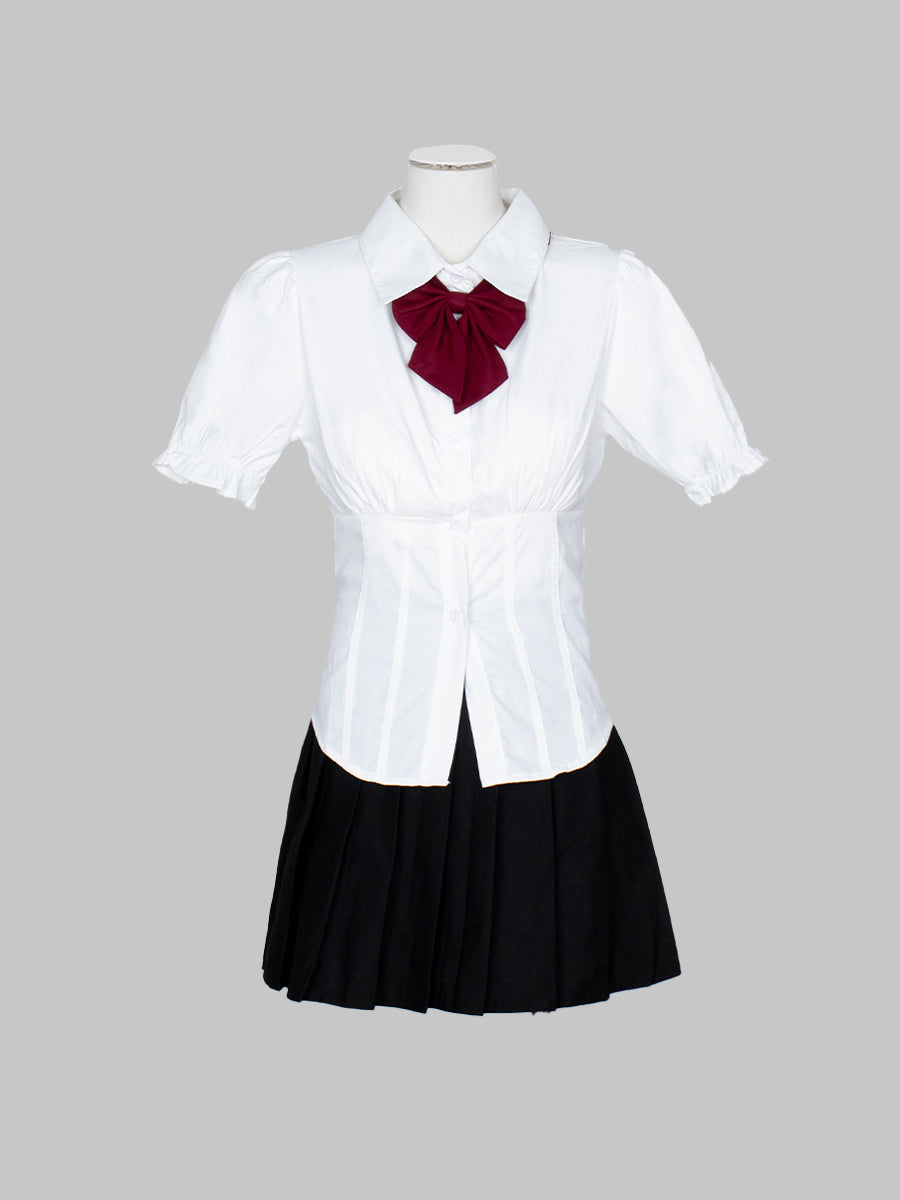 Button-Up Shirt Crop Top with Red Bow-tie