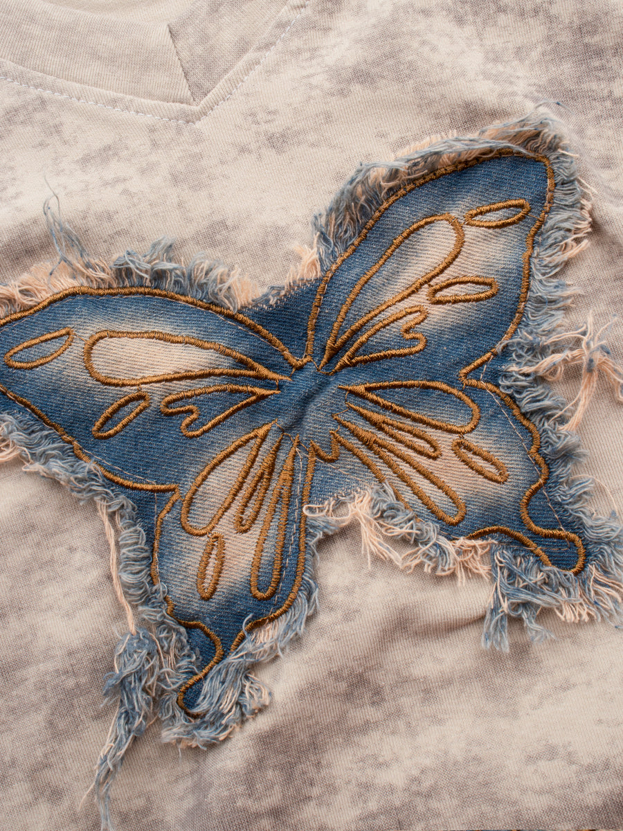 V-neck Denim Butterfly Embroidery Tie-Dye Short Sleeve Crop Top