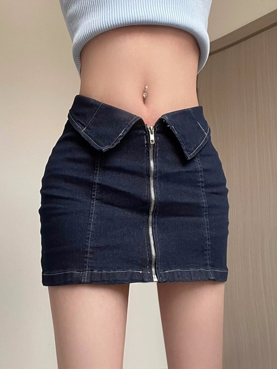 Denim Zipper Skirt with Belt