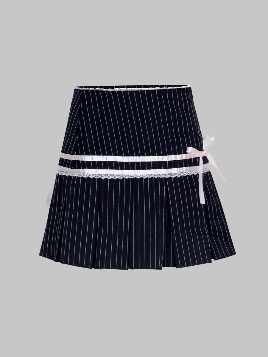 Lace Bow Striped Blue Pleated Skirt