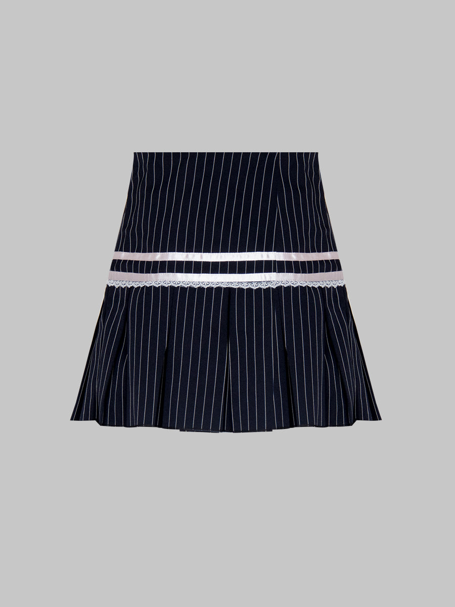 Lace Bow Striped Blue Pleated Skirt