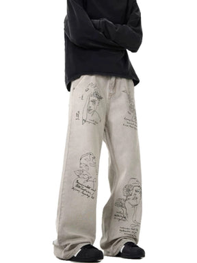 Vintage Loose Fit Graffiti Pattern Denim Jeans