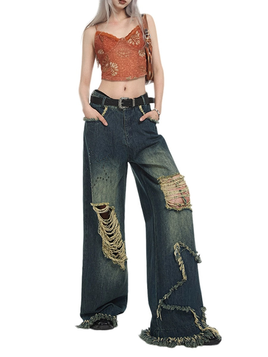 Stars High-Waisted Baggy Wide-Leg Ripped Jeans