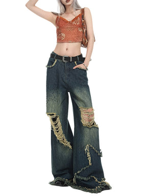 Stars High-Waisted Baggy Wide-Leg Ripped Jeans