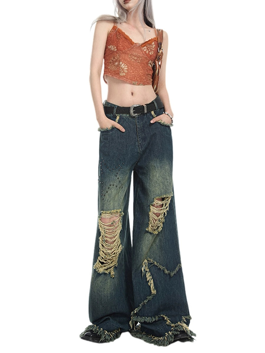 Stars High-Waisted Baggy Wide-Leg Ripped Jeans