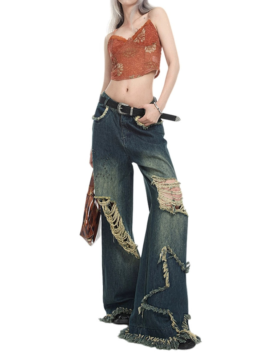 Stars High-Waisted Baggy Wide-Leg Ripped Jeans