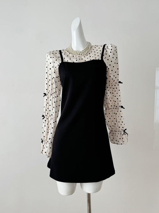 Long Sleeve Polka Dot Blouse + Black Cami Dress Two Piece Set