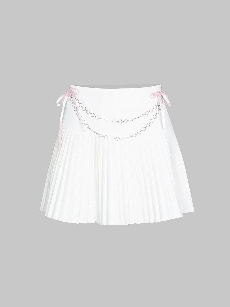 Solid Color Pleated Skirt with Bowknot Waist Chain