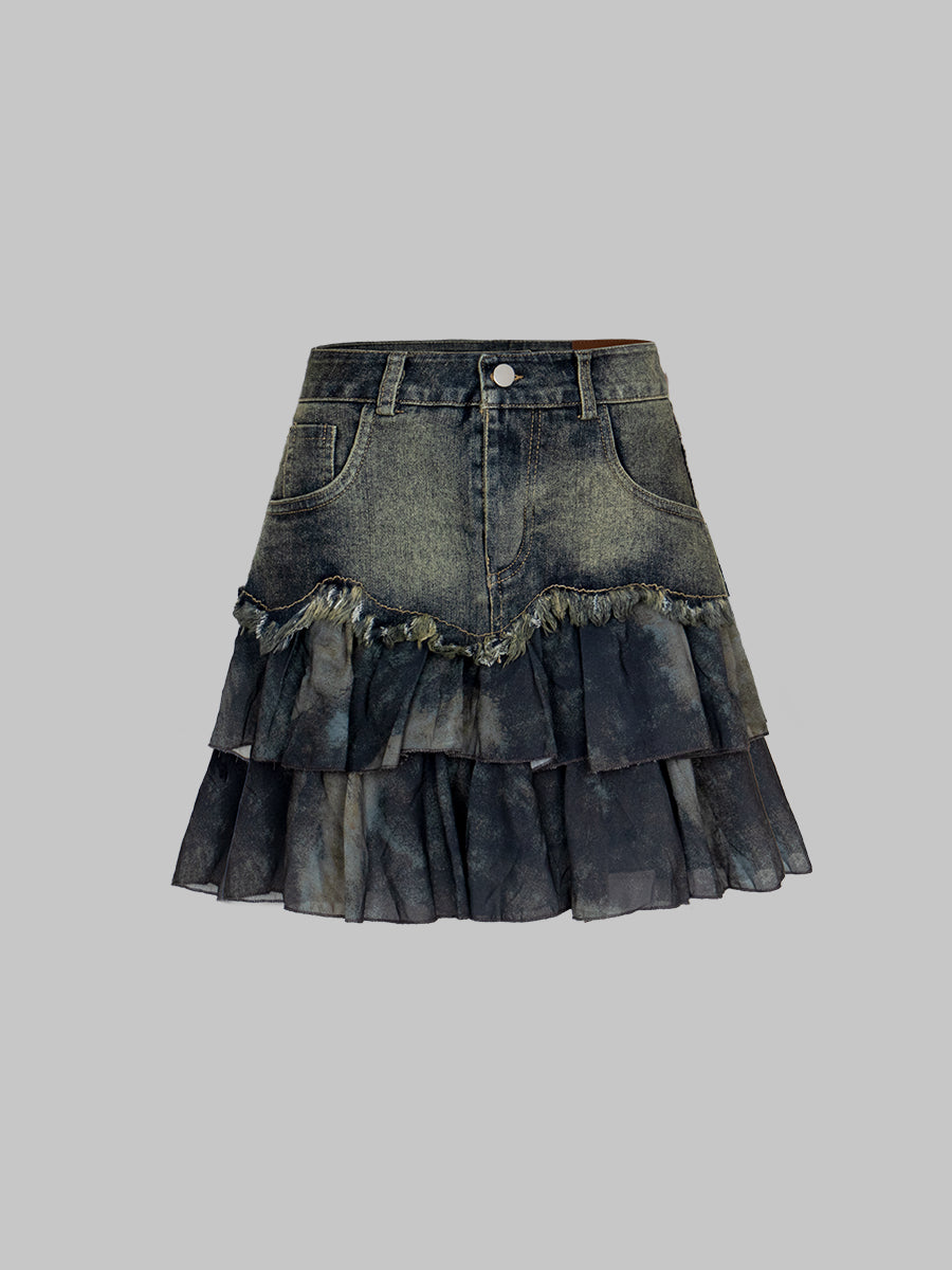 Vintage Patchwork Denim Pleated Hem Skirt