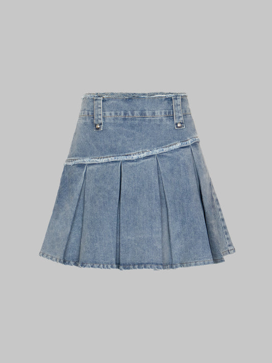 Solid Color Patchwork Denim Pleated Hem Skirt