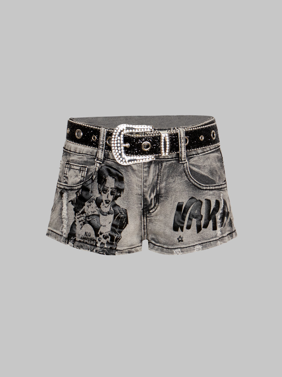 Pirate King Nami Printed Denim Shorts with Belt