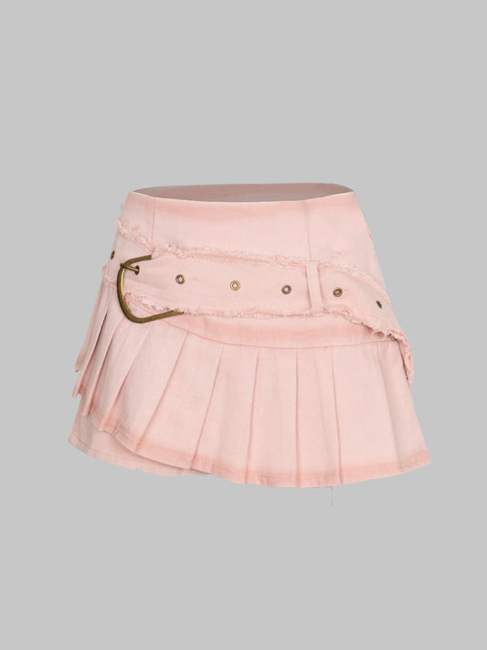 Fake Two Piece Patchwork Denim Pleated Hem Shorts