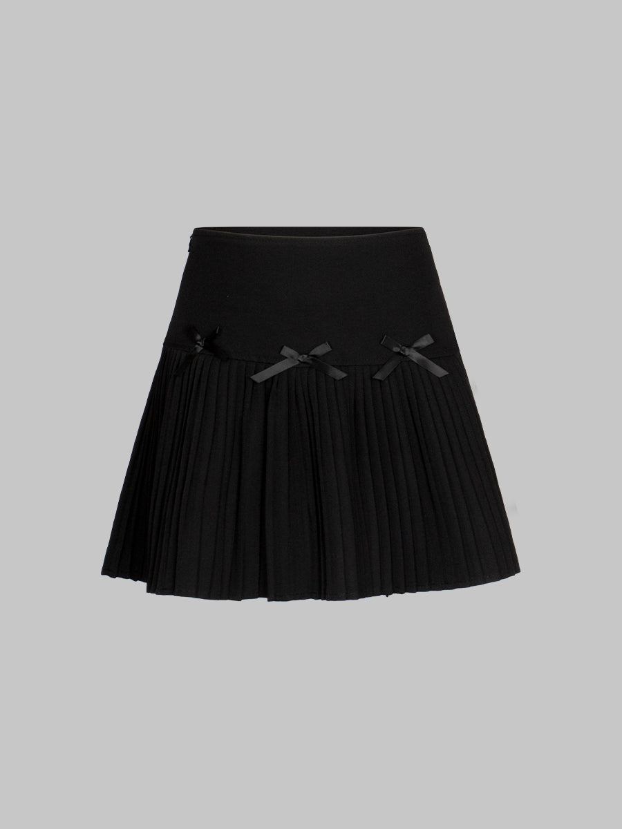 Solid Color Bow Pleated Skirt