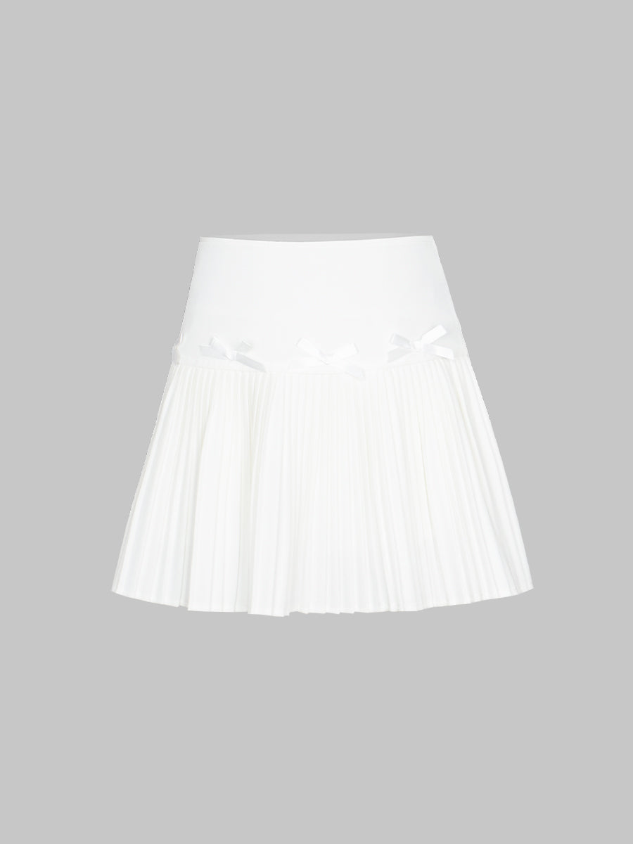 Solid Color Bow Pleated Skirt