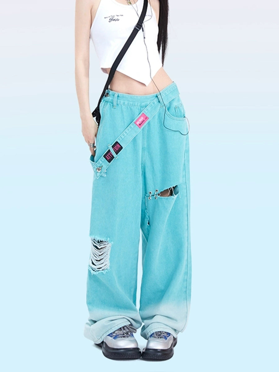 Solid Color Loose Fit Side Zipper Jeans