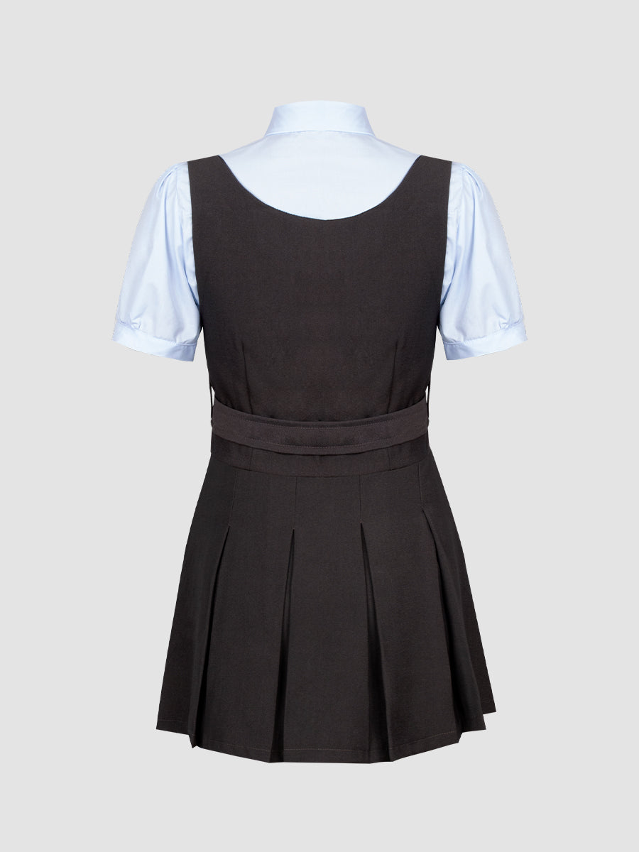 Blue Badge Shirt with Tie + Gray Vest + Skirt 3-Piece Set