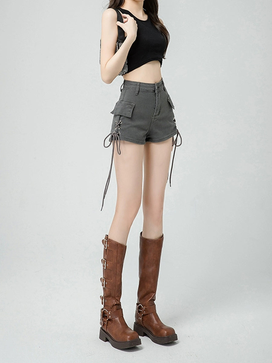 Solid Color Drawstring Fake Pocket Deco Denim Shorts