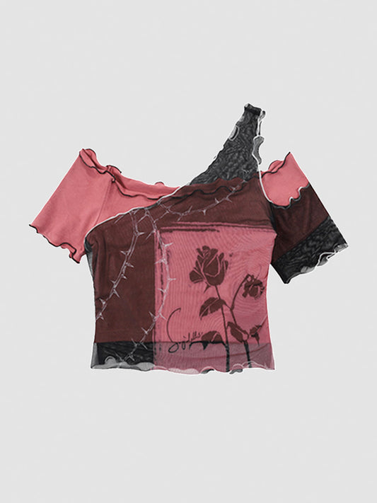 Fake Two Piece Rose Mesh Top