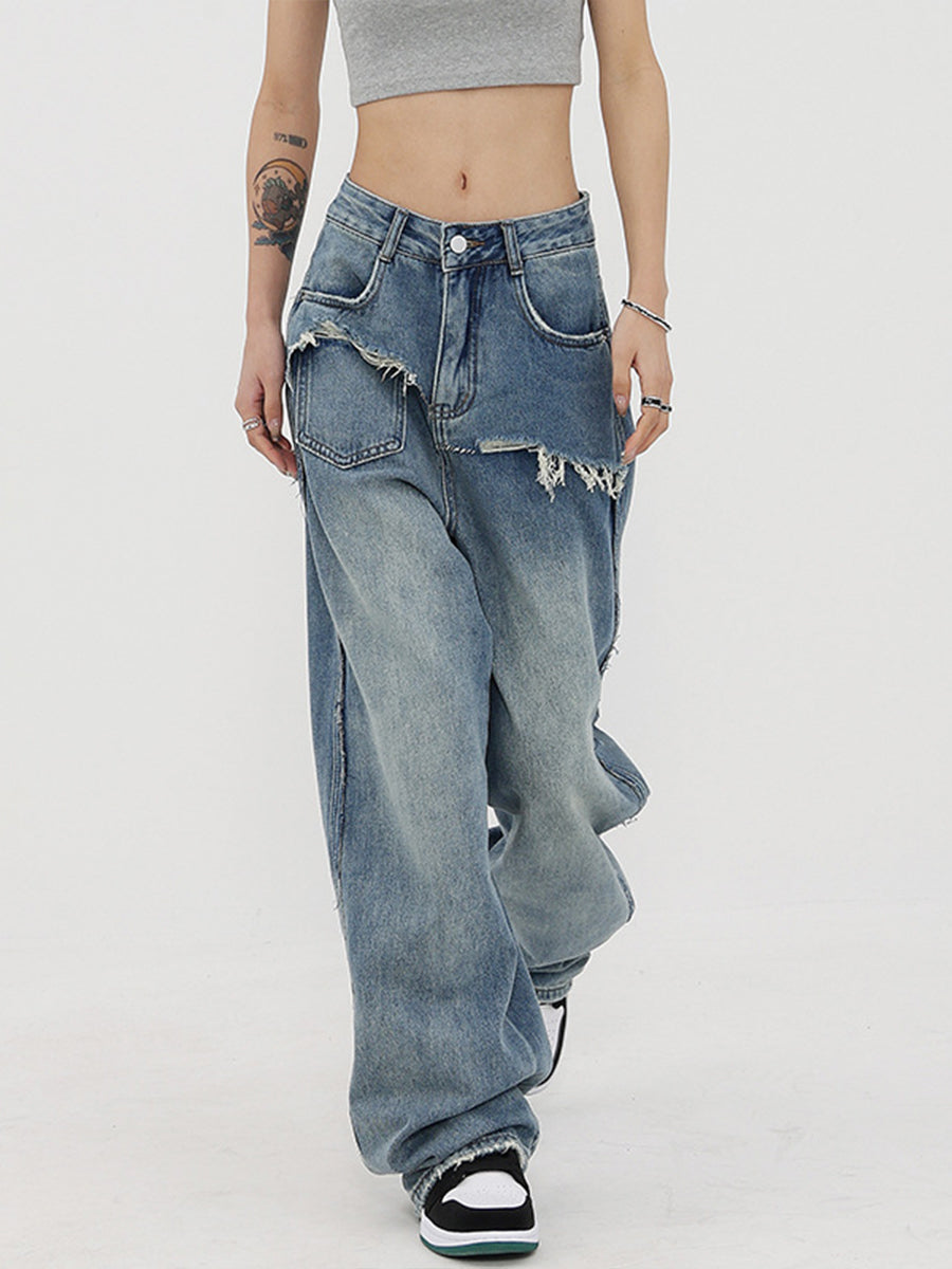 Vintage Design Loose Low Rise Straight Leg Blue Denim Jeans