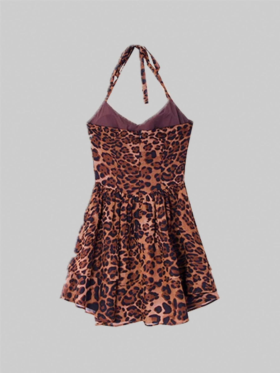 Brown Leopard Print Halter Dress