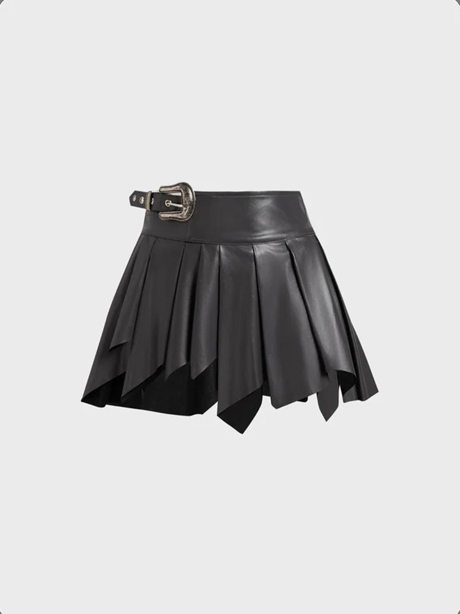 Irregularly Pleated Leather Skirt
