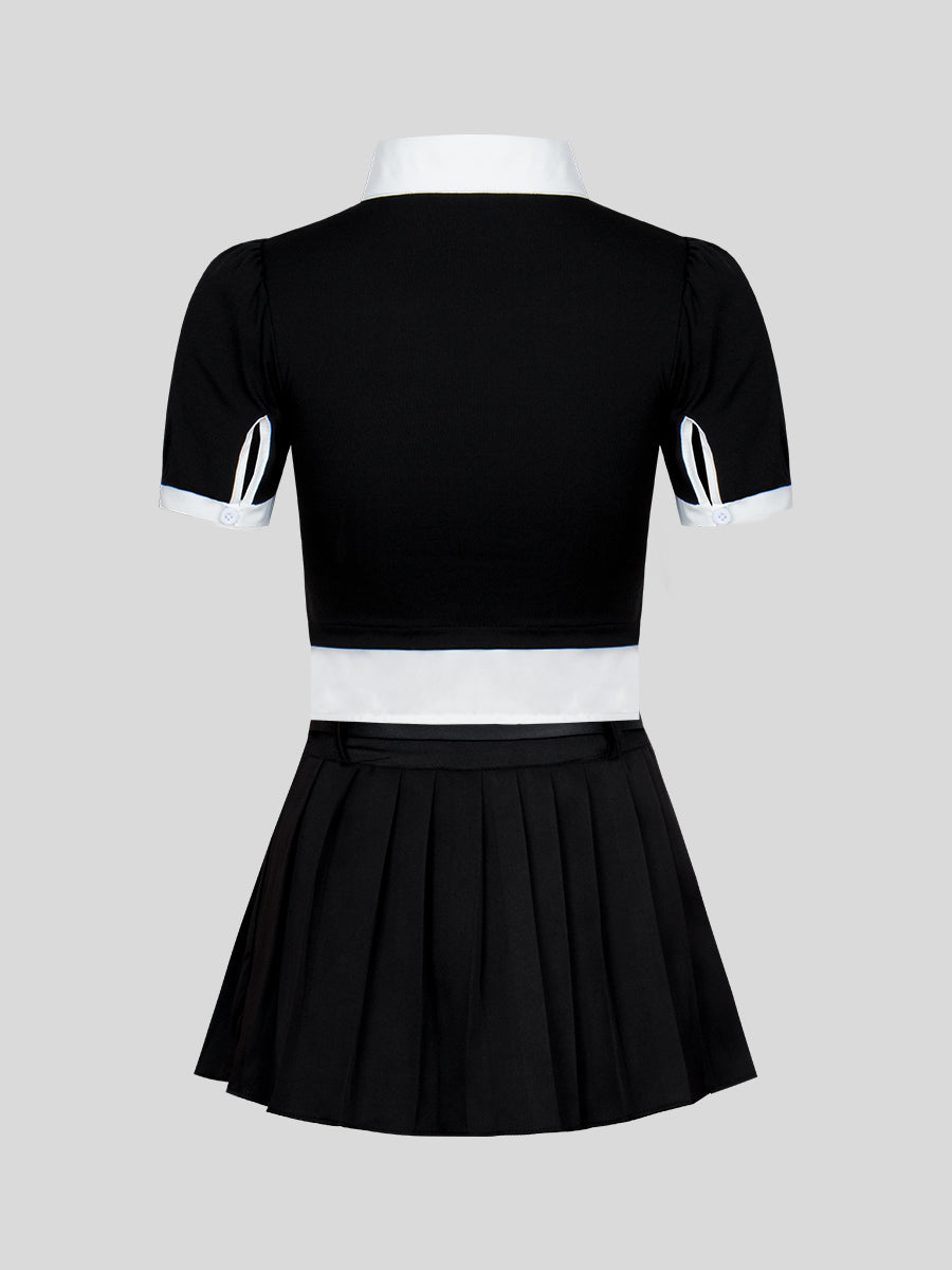 Fake Two Piece Top + Pleated Skirt Set